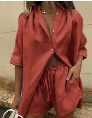 Women's Linen Shirt and Shorts Set - Comfortable Summer Outfit