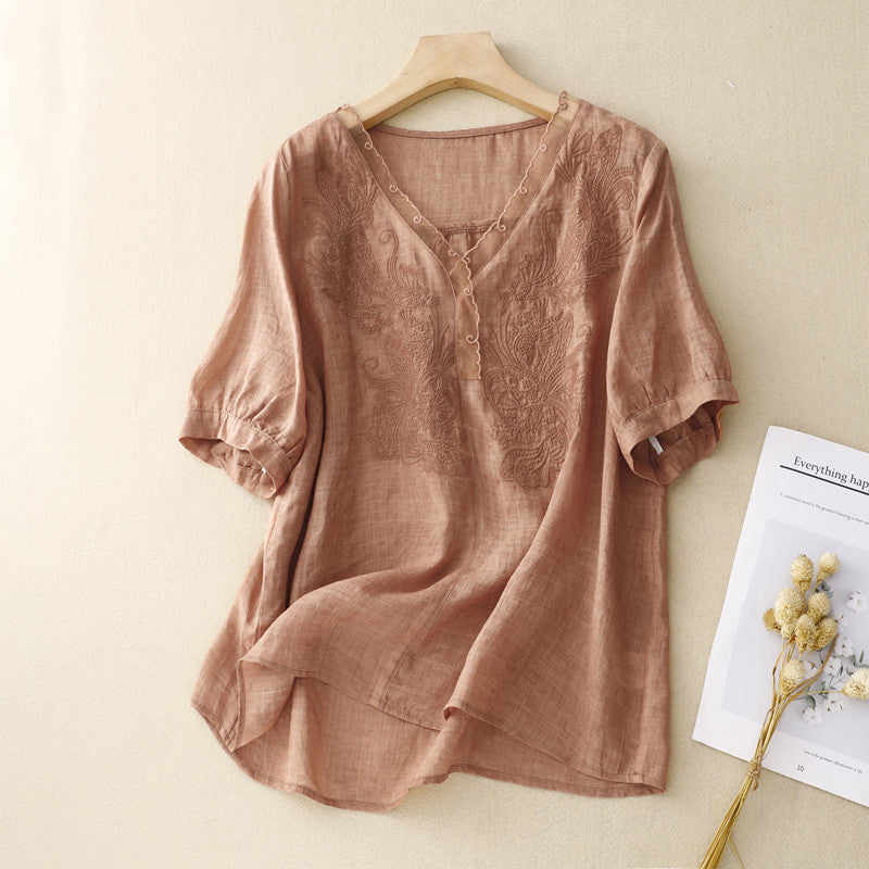 Relaxed Fit V-Neck Women's Top with Embroidery - Nocini
