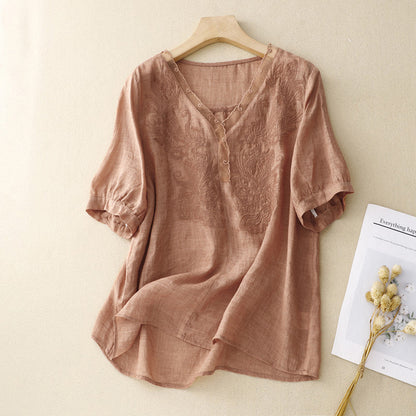 Relaxed Fit V-Neck Women's Top with Embroidery - Nocini