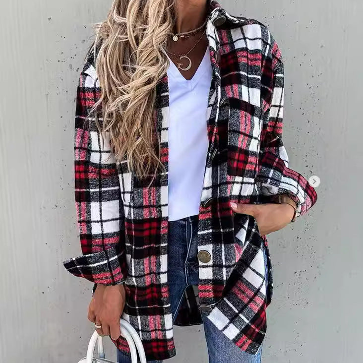 Classic Checked Wool Blend Mid Length Coat - Nocini