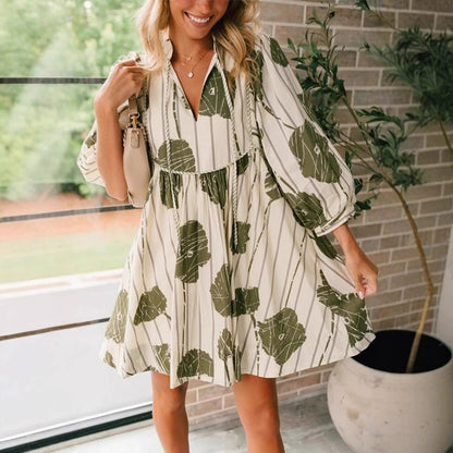 Ladies Floral Mini Dress with Ruffled Sleeves and V Neck
