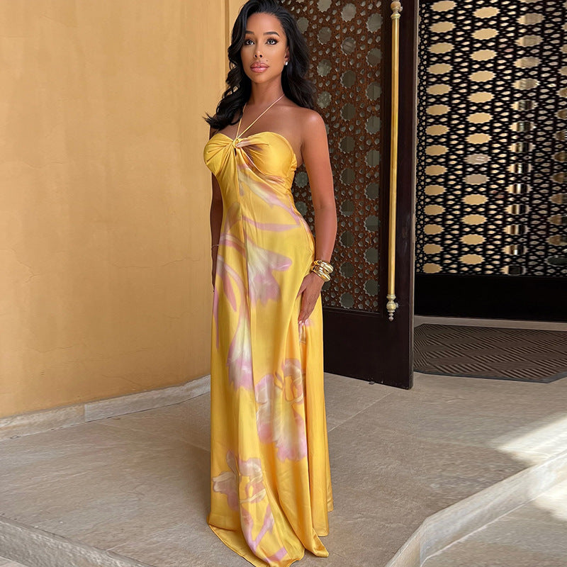 Ladies Satin Maxi Dress with Halter Neckline - Nocini