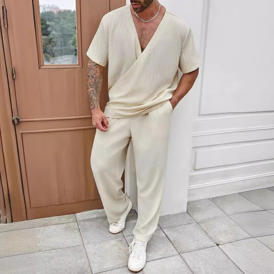 Men's Casual Lounge Set - Soft V-neck Top and Pants - Nocini