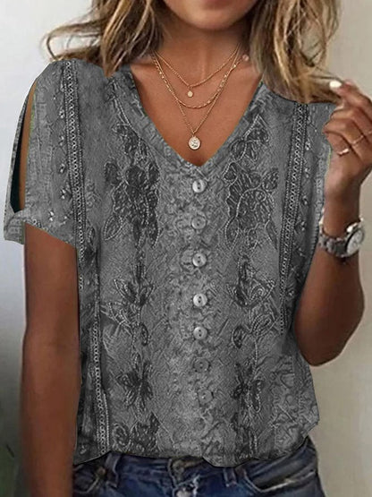 Loose Fit V-Neck Women's Blouse with Embroidery