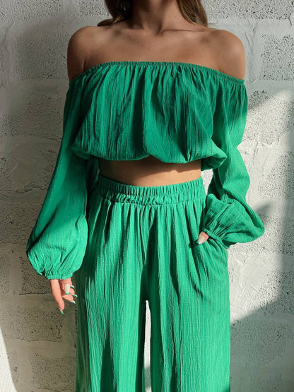 Ladies' Set - Cold Shoulder Cropped Top with High Waist Pants