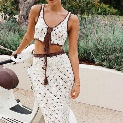Ladies' Skirt Set - Fitted - Lace Crochet Top with Tie Waist - Nocini
