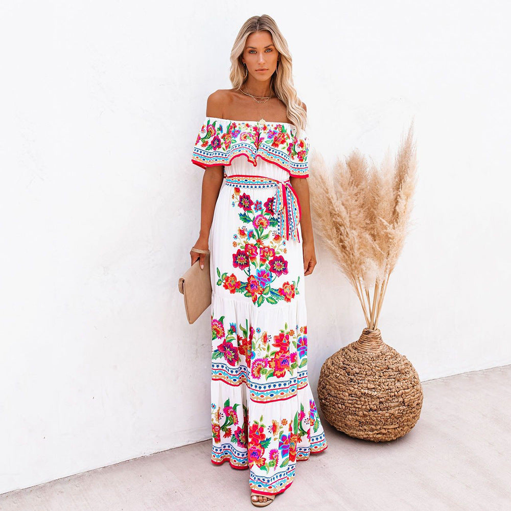 Women's Long Floral Maxi Dress with Elastic Waist - Nocini