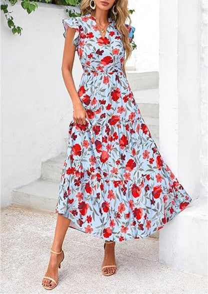Casual V-Neck Floral Print Dress for Women
