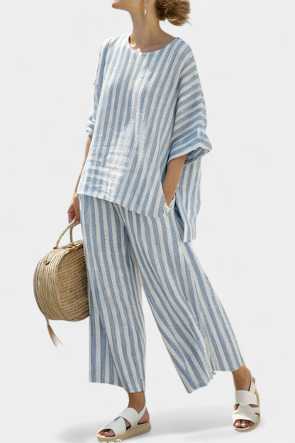 Elegant Navy Blue Stripe Linen Shirt & Trousers - Olytrend
