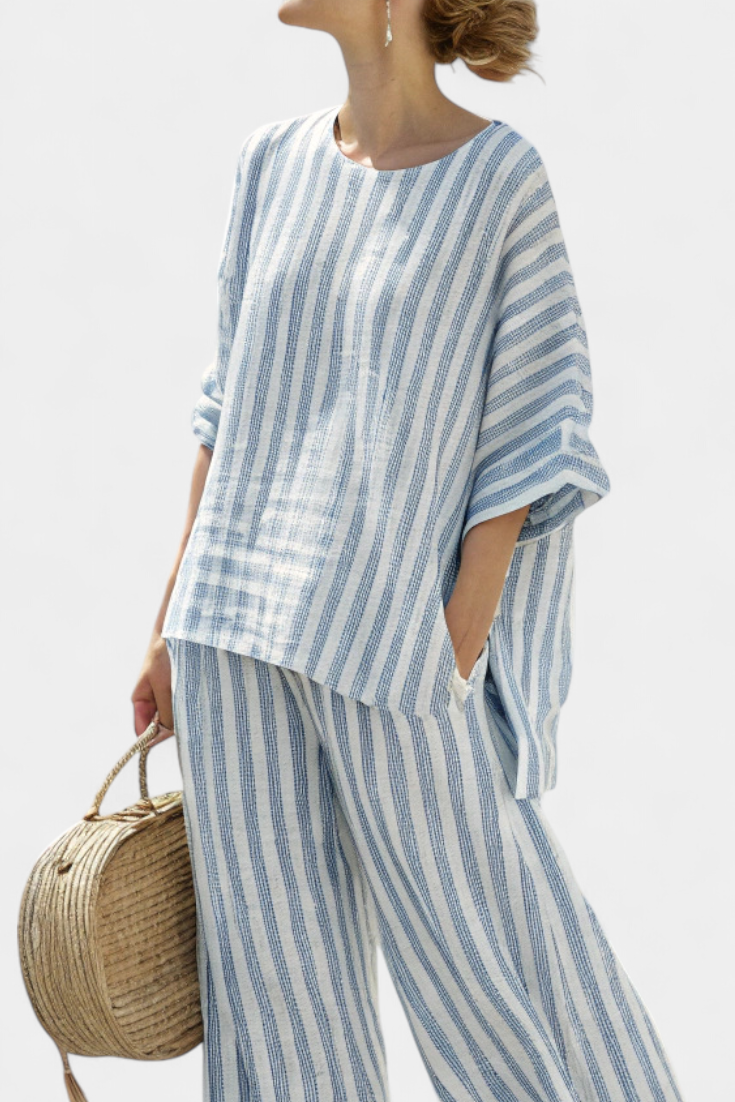 Elegant Navy Blue Stripe Linen Shirt & Trousers