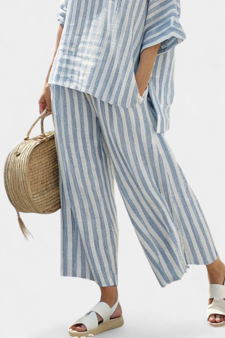 Elegant Navy Blue Stripe Linen Shirt & Trousers