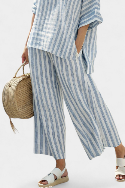 Elegant Navy Blue Stripe Linen Shirt & Trousers
