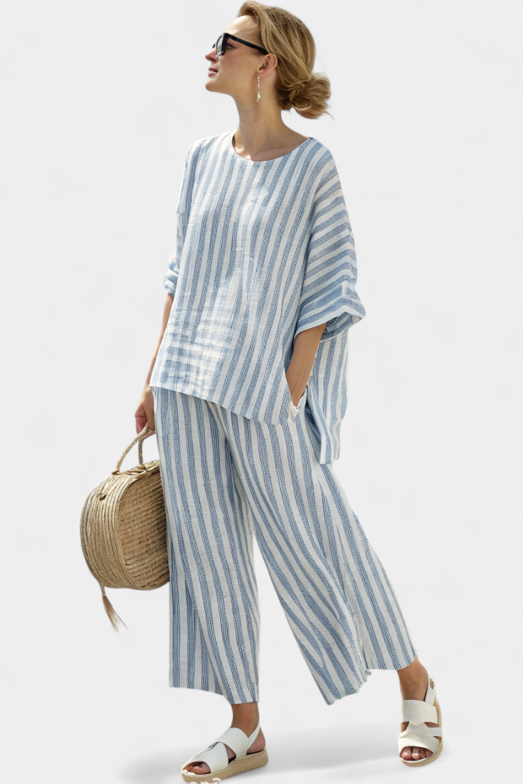 Elegant Navy Blue Stripe Linen Shirt & Trousers