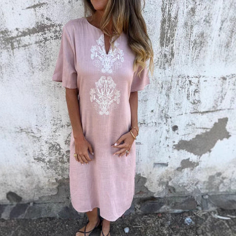 Casual Embroidered Short Sleeve Midi Dress
