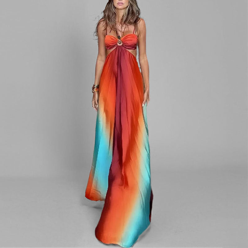Loose Fit Long Dress with Thin Straps and Ombre Print - Nocini