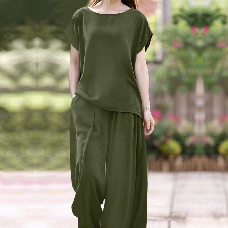 Comfy Women's 2 Piece Outfit Loose Top Wide Leg Pants - Nocini