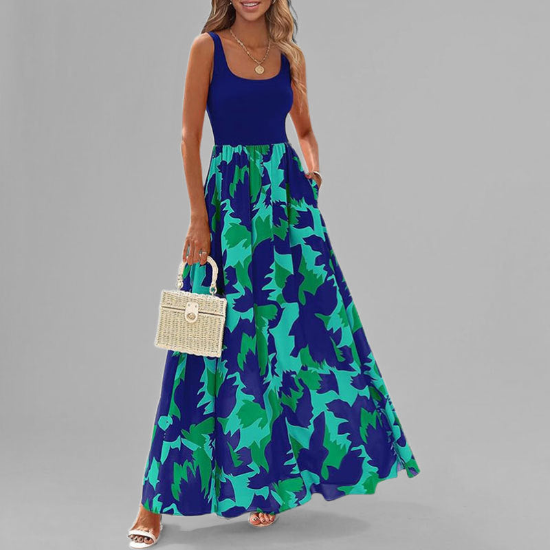 Fashionable Sleeveless Maxi Dress with Floral Skirt - Nocini