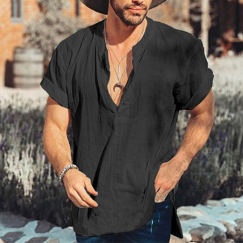 Casual Men's Short Sleeve V-Neck Cotton Shirt