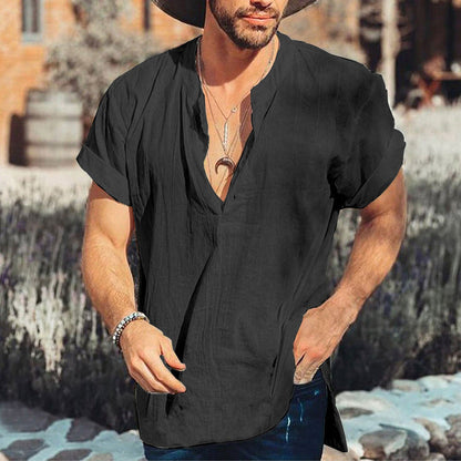 Casual Men's Short Sleeve V-Neck Cotton Shirt