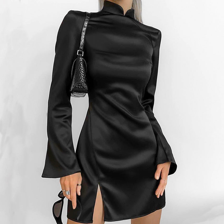 Petite Satin Party Dress with Ruffles and High Neckline - Nocini