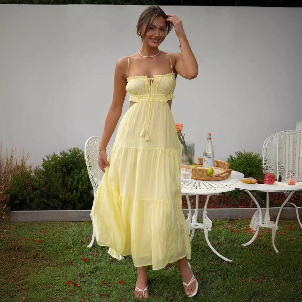 Loose Fit Maxi Dress with Layered Skirt and Open Back - Nocini