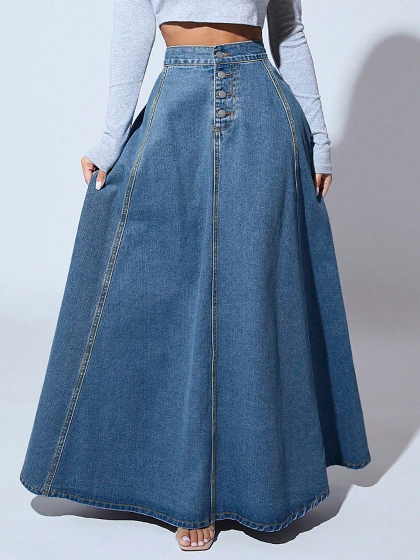 Classic High Waisted A-Line Denim Skirt - Nocini