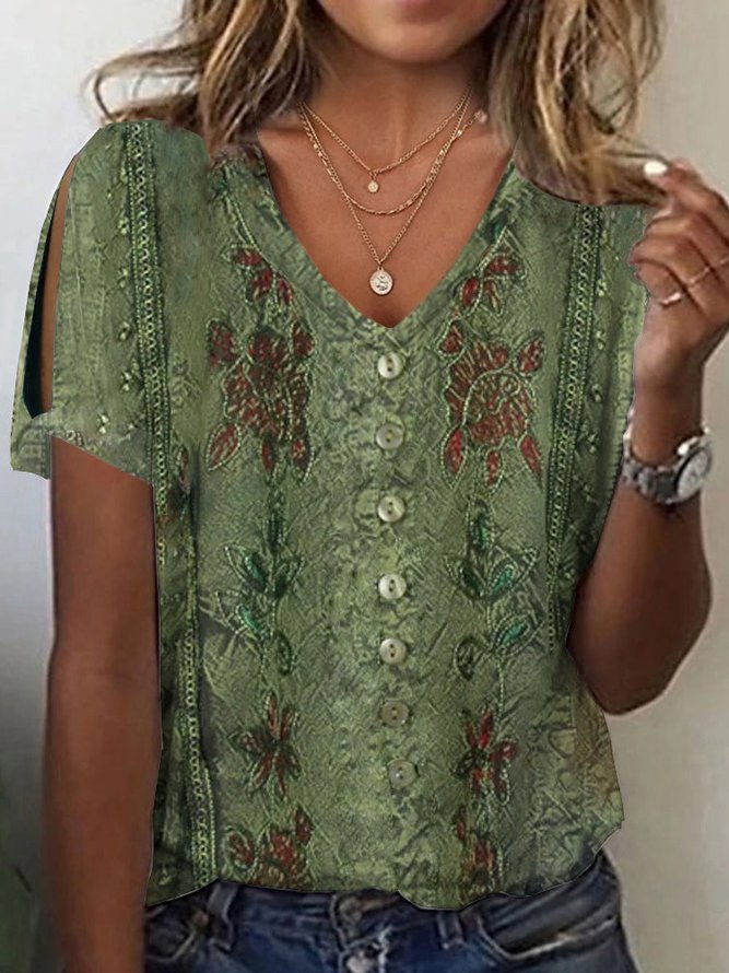 Loose Fit V-Neck Women's Blouse with Embroidery - Nocini