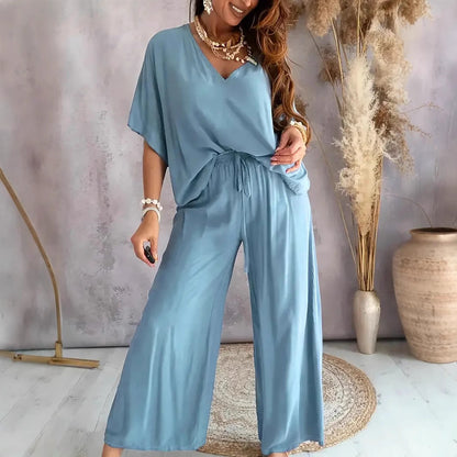 Comfortable Women's V-Neck Top and Loose Pants Set