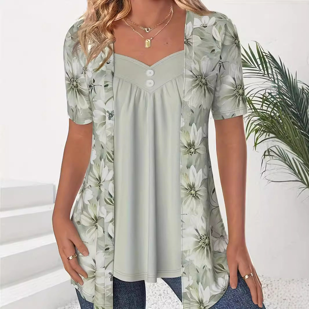 Casual Floral Women's T-Shirt with Heart Detail