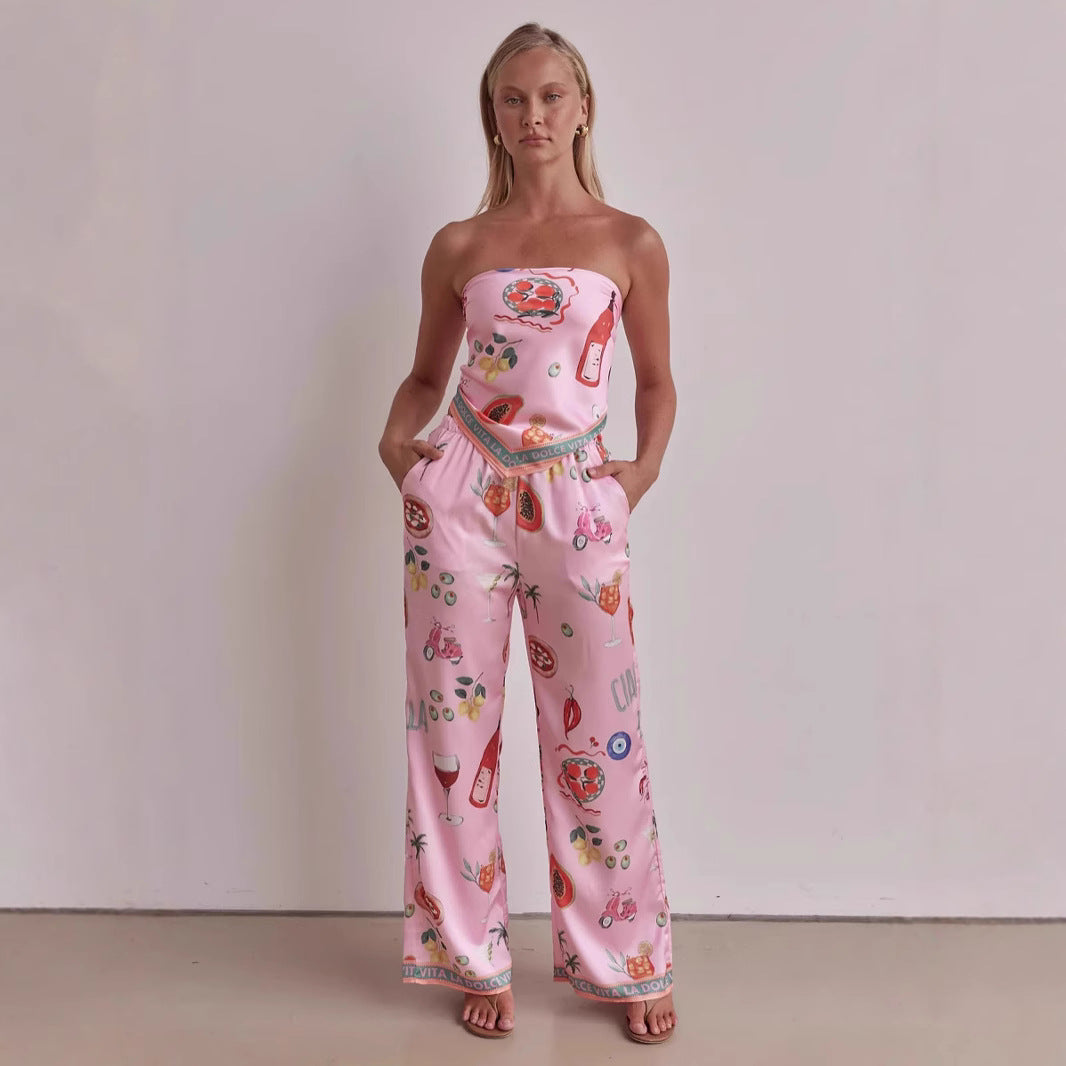 Ladies' Satin Strapless Top and Wide Leg Pants Set - Nocini