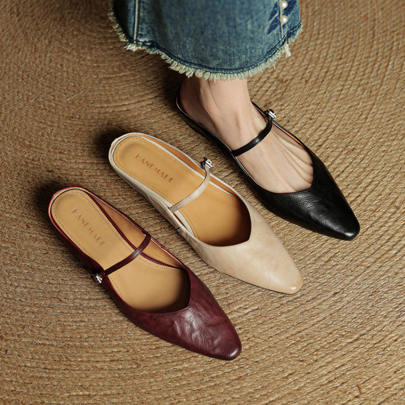 Ladies Slim Pointed-Toe Slip-On Shoes with Buckle Strap