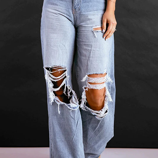 Women's High Waisted Ripped Straight Leg Jeans - Nocini