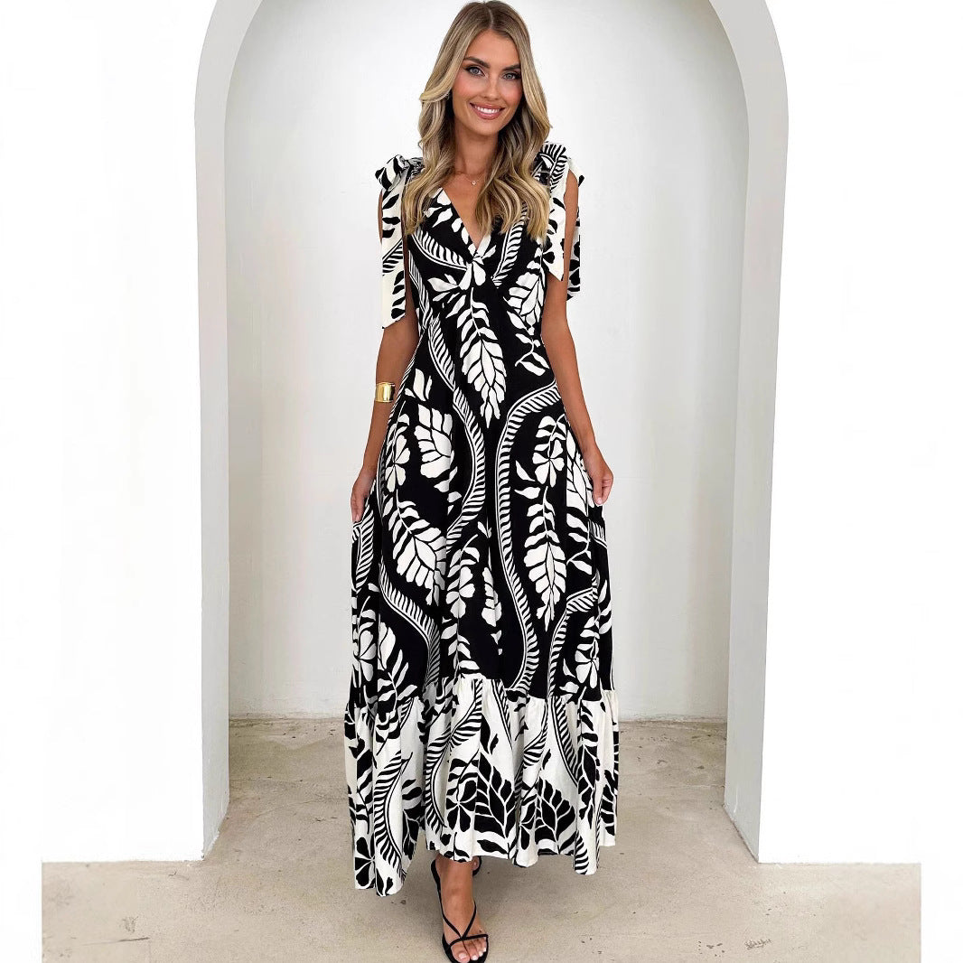Loose Fit V-Neck Maxi Dress with Adjustable Waist