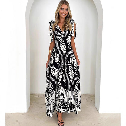 Loose Fit V-Neck Maxi Dress with Adjustable Waist