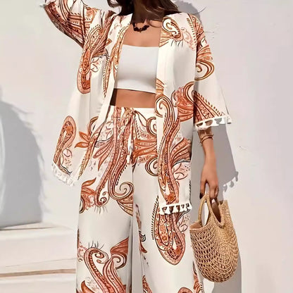 Women's Lounge Set - Comfortable Pants - Open Front Cardigan - Floral Print