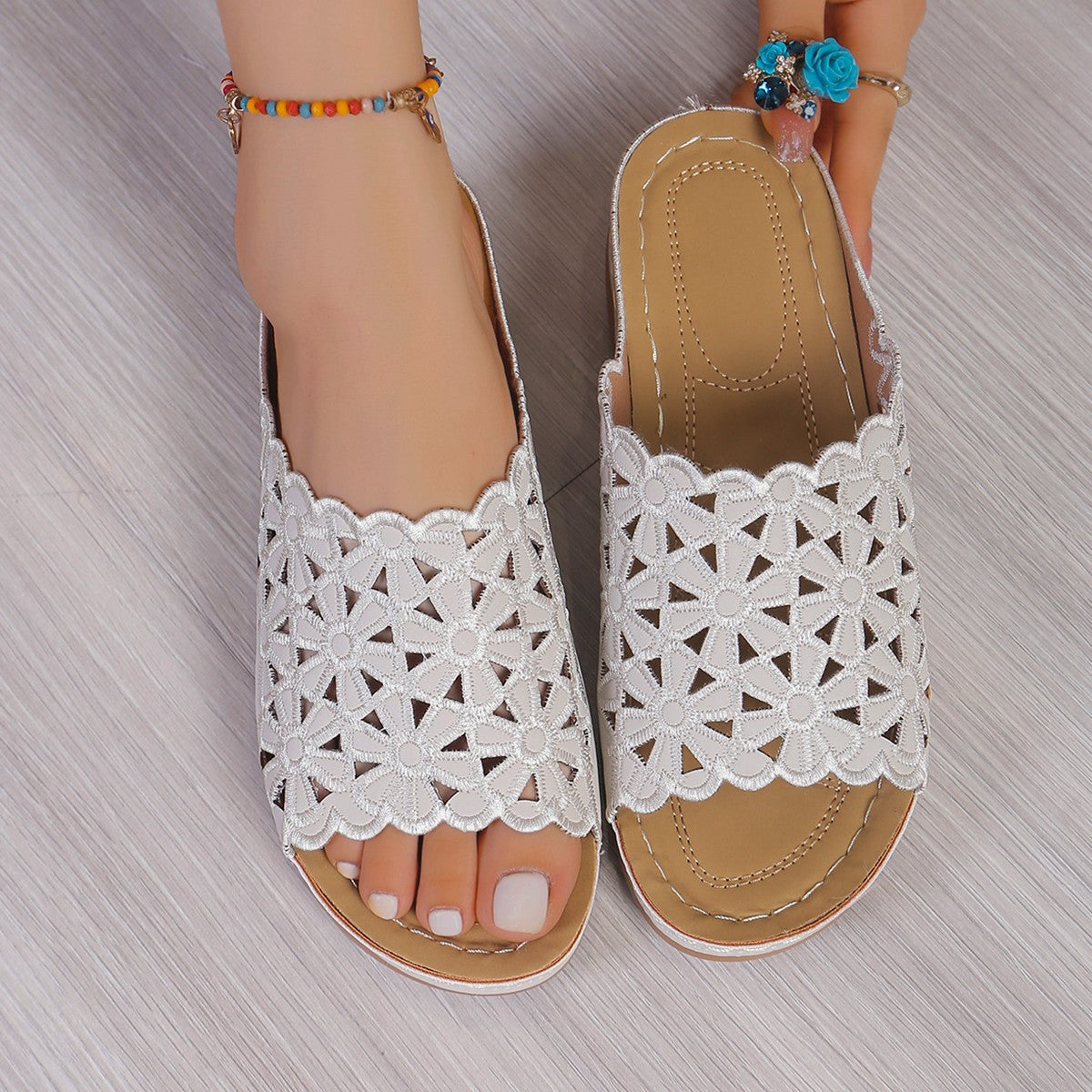 Comfortable Womens Slide Sandals with Floral Details