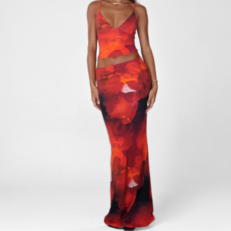 Women's Vest and Maxi Skirt Set with V Neckline - Nocini