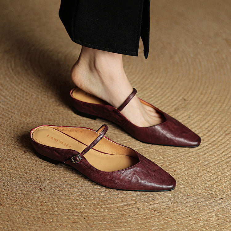 Ladies Slim Pointed-Toe Slip-On Shoes with Buckle Strap