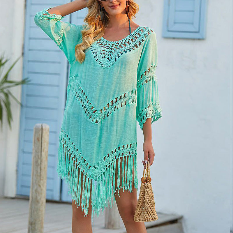 Loose Fit Summer Dress with Crochet and Tassel Trim - Nocini