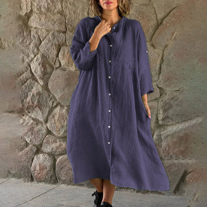 Comfy Women's Button Front Midi Dress with 3/4 Sleeves