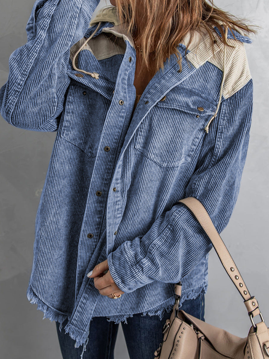 Relaxed Fit Corduroy Hooded Women's Coat - Nocini