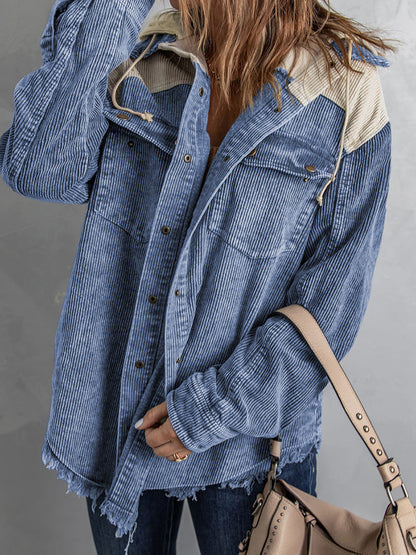 Relaxed Fit Corduroy Hooded Women's Coat - Nocini