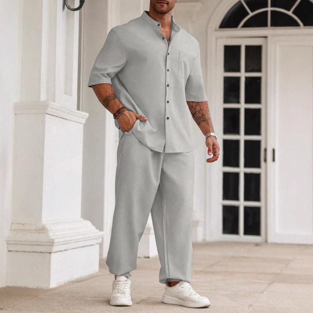 Casual Men's Cotton Linen Short Sleeve Shirt Pant Set