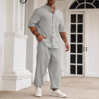 Casual Men's Cotton Linen Short Sleeve Shirt Pant Set