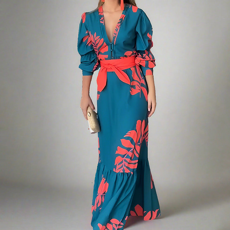 Women's Long Maxi Dress with V Neck and Flared Sleeves - Nocini