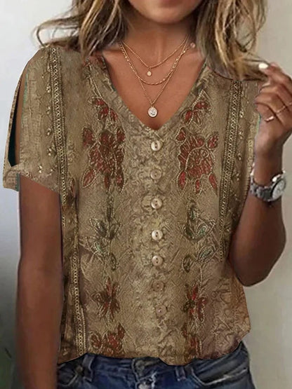Loose Fit V-Neck Women's Blouse with Embroidery