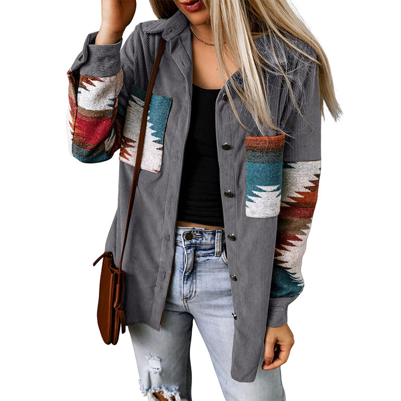 Casual Corduroy Aztec Cardigan Jacket for Women