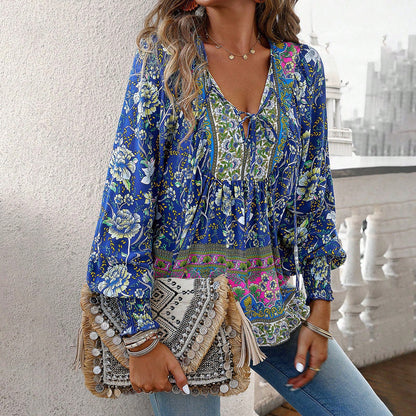 Casual Loose Fit Women's Blouse with Long Sleeves Boho Style
