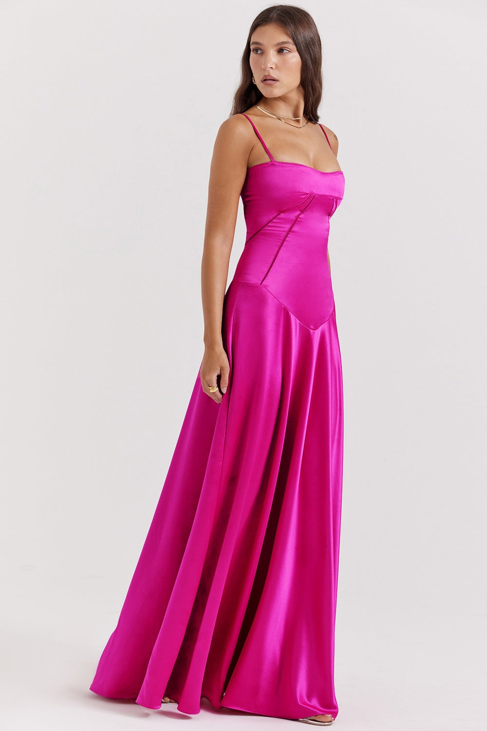 Ladies Formal Satin A-Line Gown with Spaghetti Straps