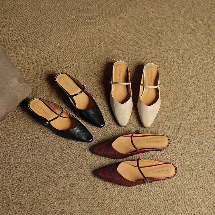 Ladies Slim Pointed-Toe Slip-On Shoes with Buckle Strap